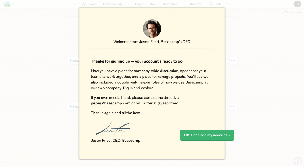 Basecamp's Free Trial Subscription Confirmation Pop-Up